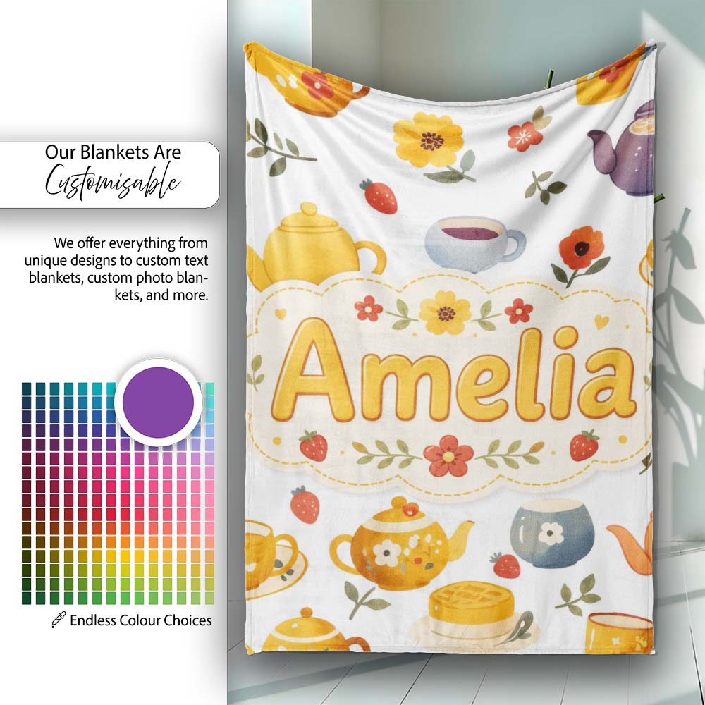 Cute Vintage Teapot Floral Tea Cups Strawberry Garden Grey  Personalised Custom Name Super Soft Fleece Blanket Bed Sofa Throw