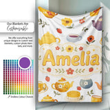 Cute Vintage Teapot Floral Tea Cups Strawberry Garden Grey  Personalised Custom Name Super Soft Fleece Blanket Bed Sofa Throw