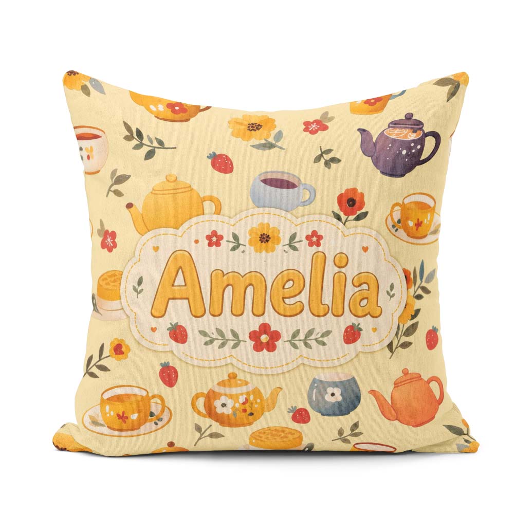 Custom Name Cute Teapot Floral Tea Cups Strawberry Garden Yellow Square Filled Cushion Throw Pillow Sofa Bed Home Decor Zip Washable UK Made