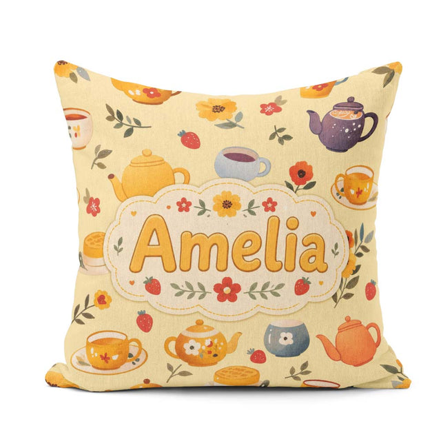 Custom Name Cute Teapot Floral Tea Cups Strawberry Garden Yellow Square Filled Cushion Throw Pillow Sofa Bed Home Decor Zip Washable UK Made