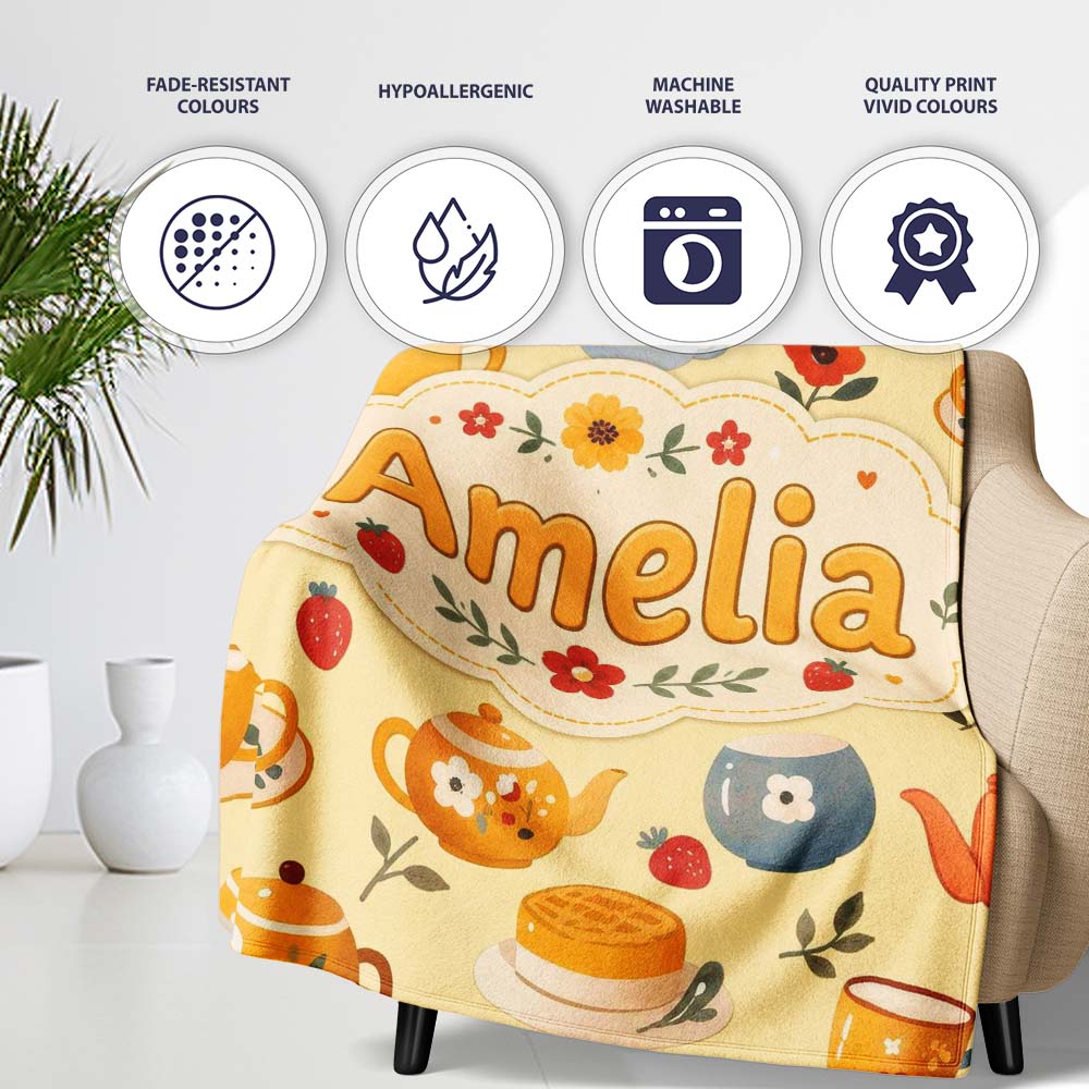 Cute Vintage Teapot Floral Tea Cups Strawberry Garden Yellow  Personalised Custom Name Super Soft Fleece Blanket Bed Sofa Throw