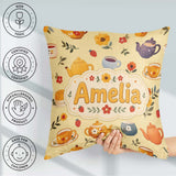 Custom Name Cute Teapot Floral Tea Cups Strawberry Garden Yellow Square Filled Cushion Throw Pillow Sofa Bed Home Decor Zip Washable UK Made