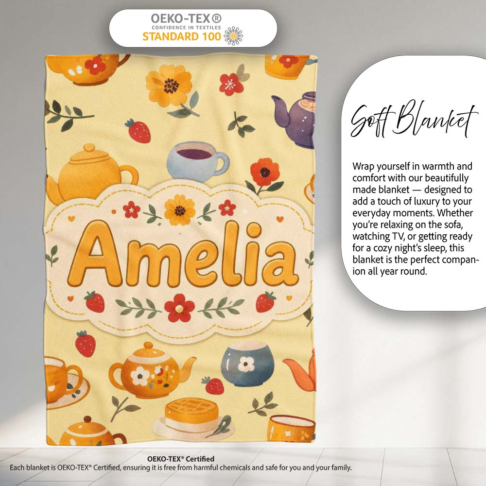 Cute Vintage Teapot Floral Tea Cups Strawberry Garden Yellow  Personalised Custom Name Super Soft Fleece Blanket Bed Sofa Throw