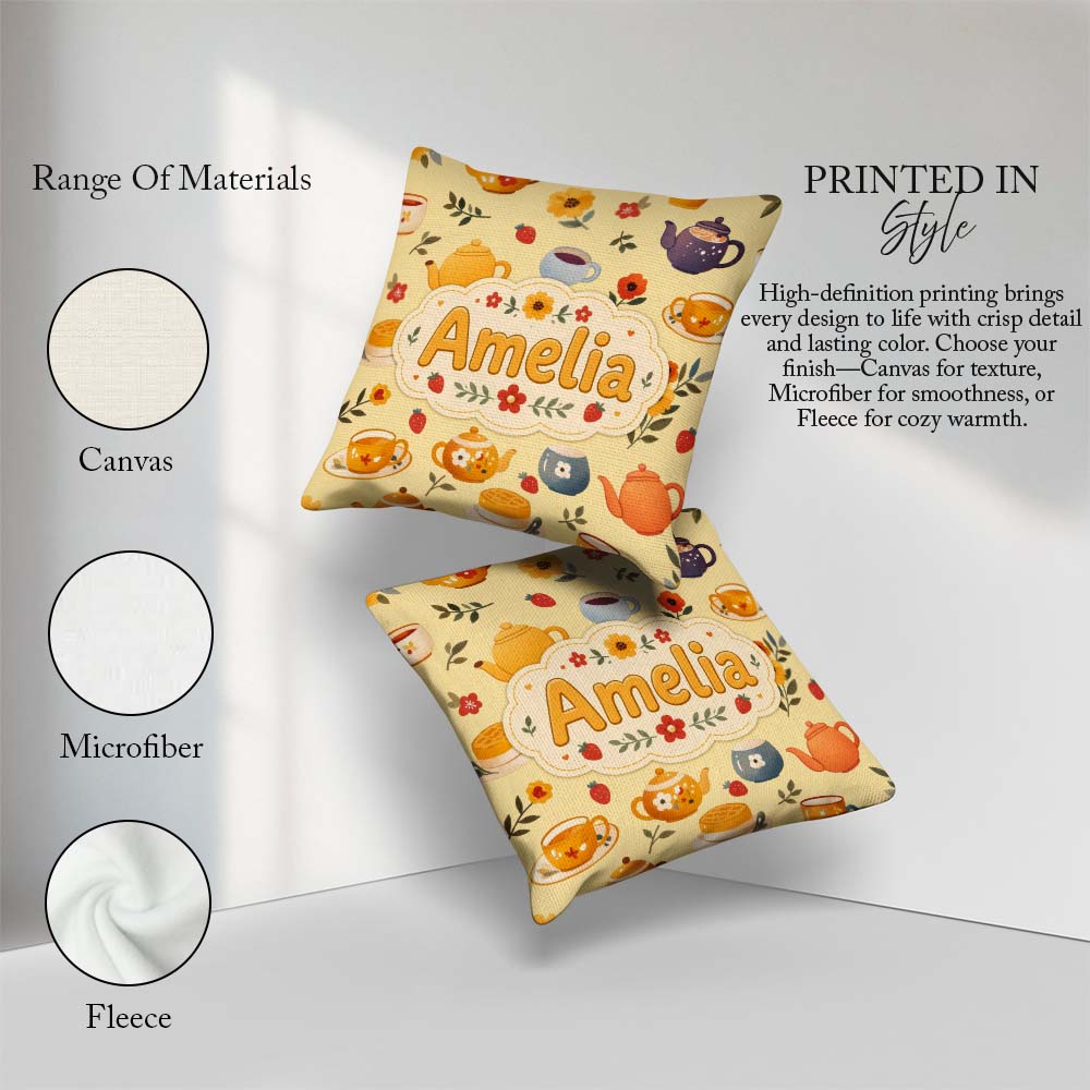 Custom Name Cute Teapot Floral Tea Cups Strawberry Garden Yellow Square Filled Cushion Throw Pillow Sofa Bed Home Decor Zip Washable UK Made