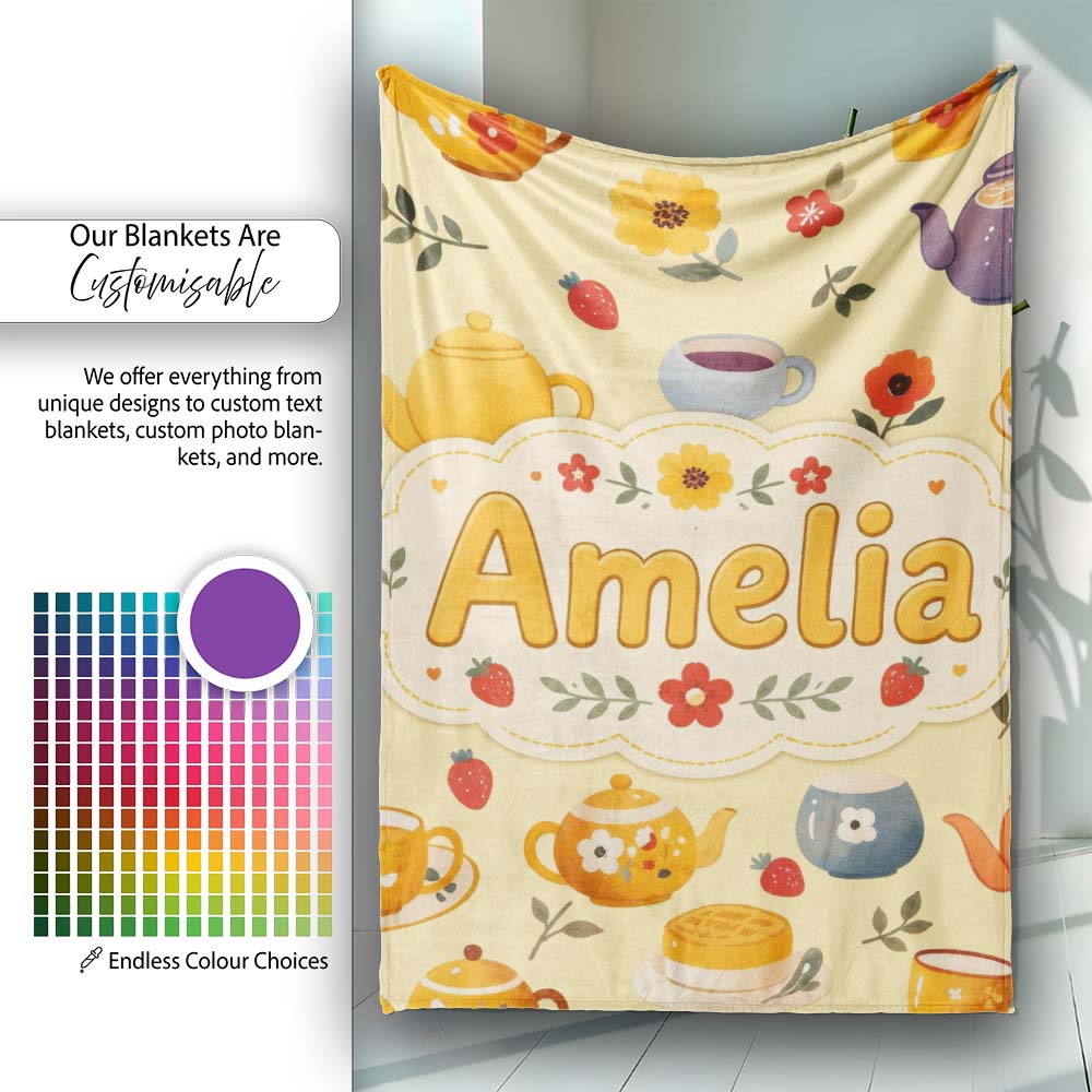 Cute Vintage Teapot Floral Tea Cups Strawberry Garden Yellow  Personalised Custom Name Super Soft Fleece Blanket Bed Sofa Throw