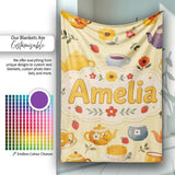 Cute Vintage Teapot Floral Tea Cups Strawberry Garden Yellow  Personalised Custom Name Super Soft Fleece Blanket Bed Sofa Throw