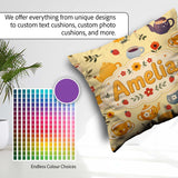 Custom Name Cute Teapot Floral Tea Cups Strawberry Garden Yellow Square Filled Cushion Throw Pillow Sofa Bed Home Decor Zip Washable UK Made