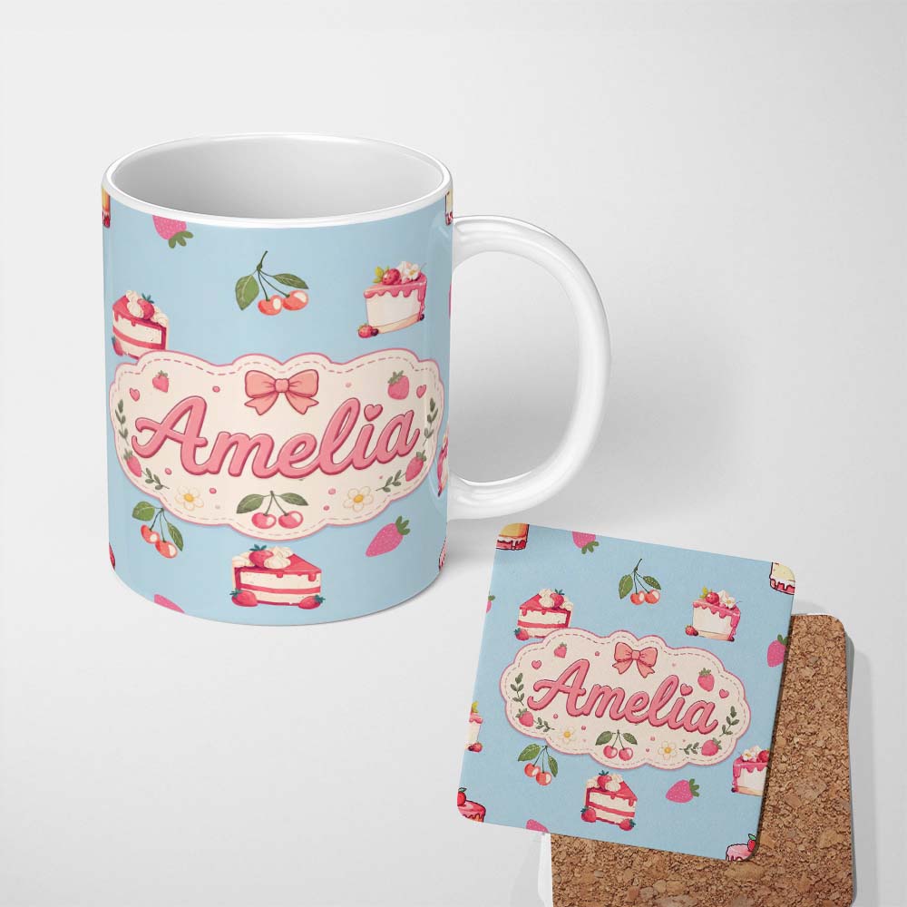Personalized Custom Name Cute Strawberry Cake Dessert Cherry Fruit Blue Background Seamless 11oz Ceramic Coffee Tea Mug White Large Handle