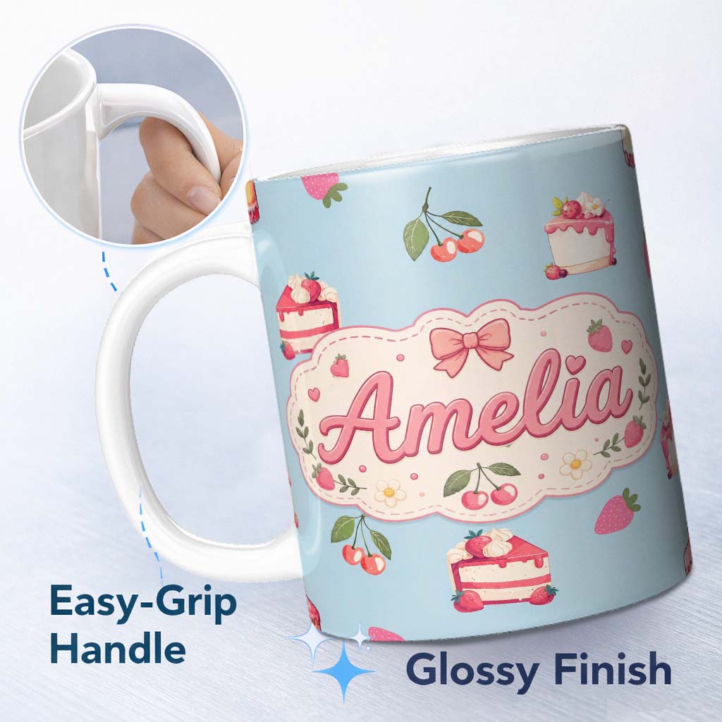 Personalized Custom Name Cute Strawberry Cake Dessert Cherry Fruit Blue Background Seamless 11oz Ceramic Coffee Tea Mug White Large Handle