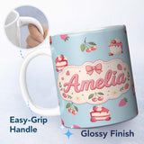 Personalized Custom Name Cute Strawberry Cake Dessert Cherry Fruit Blue Background Seamless 11oz Ceramic Coffee Tea Mug White Large Handle