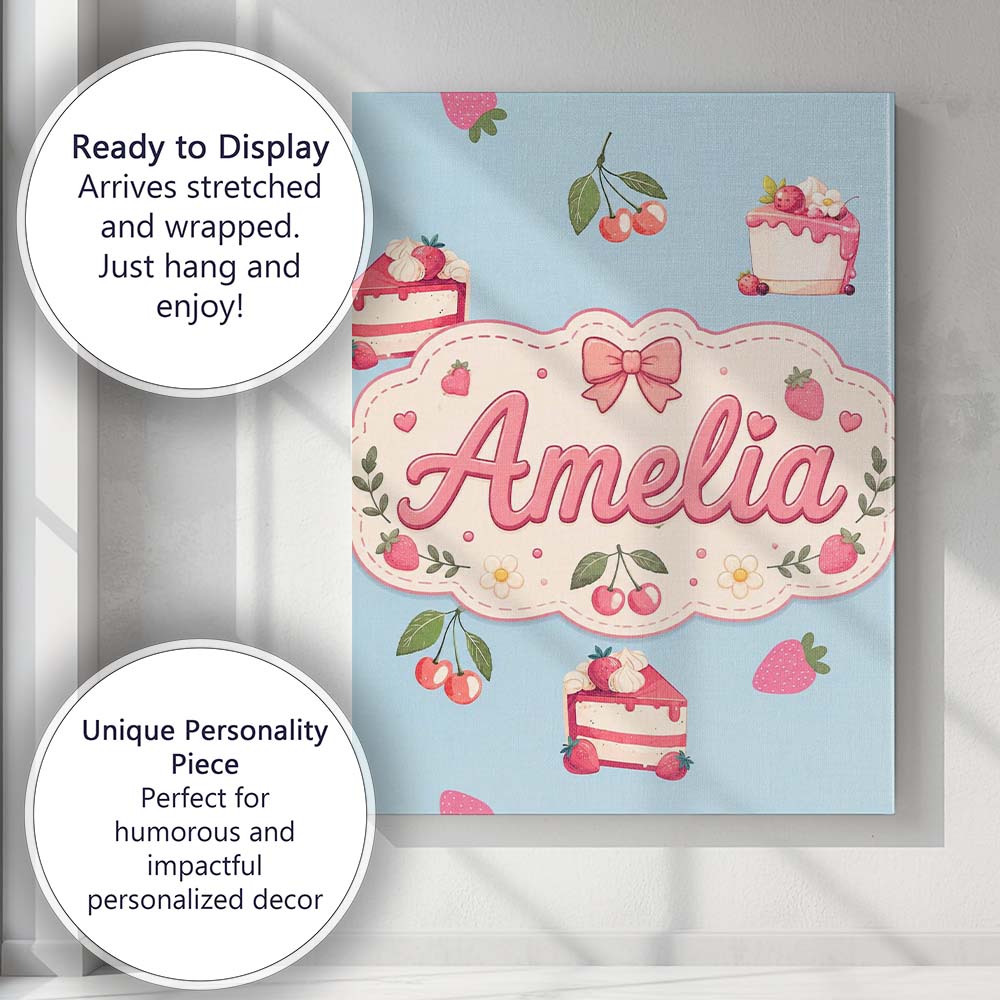 Personalised Name Cute Strawberry Cake Custom  Modern Room Accent Elegant Feature Canvas Wall Art Print Decor Picture Ready to Hang