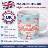 Personalized Custom Name Cute Strawberry Cake Dessert Cherry Fruit Blue Background Seamless 11oz Ceramic Coffee Tea Mug White Large Handle