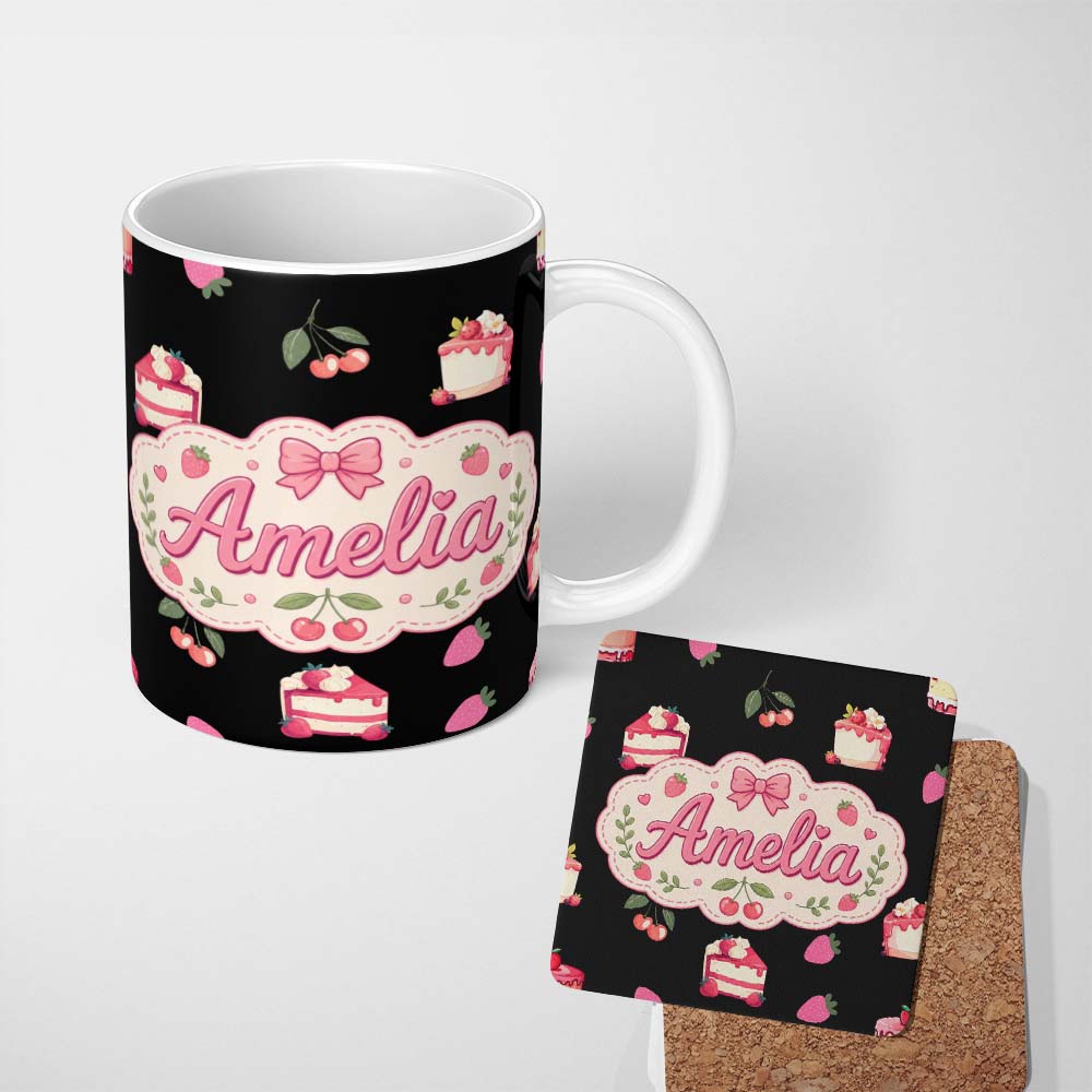 Personalized Custom Name Cute Strawberry Cake Dessert Cherry Fruit Black Background Seamless 11oz Ceramic Coffee Tea Mug White Large Handle