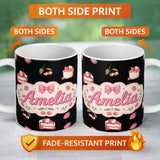 Personalized Custom Name Cute Strawberry Cake Dessert Cherry Fruit Black Background Seamless 11oz Ceramic Coffee Tea Mug White Large Handle
