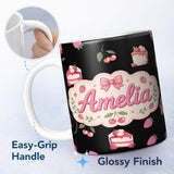Personalized Custom Name Cute Strawberry Cake Dessert Cherry Fruit Black Background Seamless 11oz Ceramic Coffee Tea Mug White Large Handle