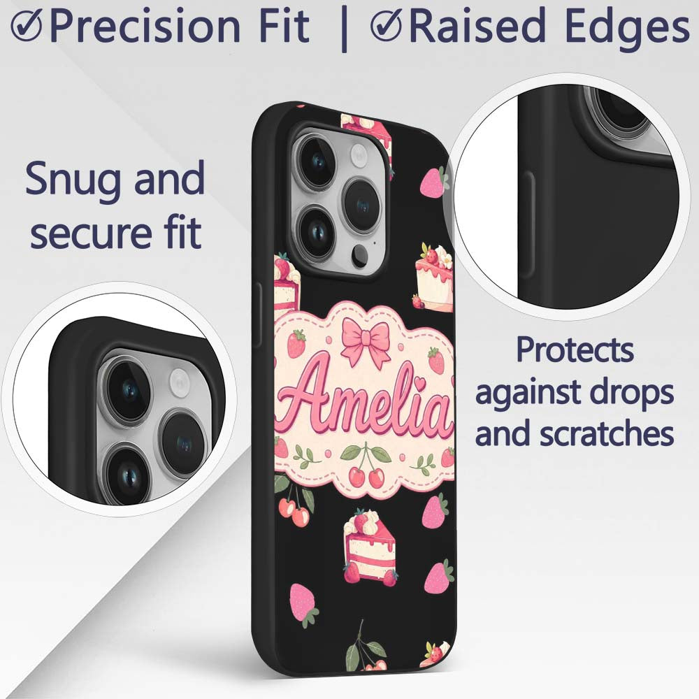 Cute Strawberry Cake Dessert Cherry Fruit Black Custom Name Protective Phone Case Mobile Cover Durable Everyday Smartphone Shock Resistant