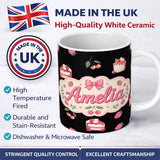 Personalized Custom Name Cute Strawberry Cake Dessert Cherry Fruit Black Background Seamless 11oz Ceramic Coffee Tea Mug White Large Handle