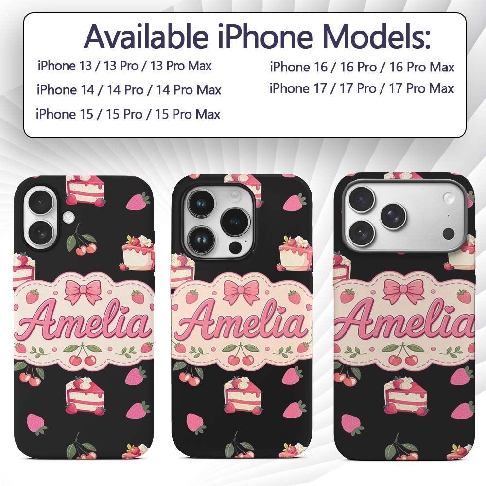 Cute Strawberry Cake Dessert Cherry Fruit Black Custom Name Protective Phone Case Mobile Cover Durable Everyday Smartphone Shock Resistant