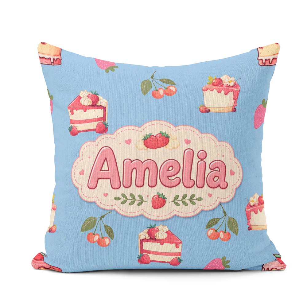 Custom Name Cute Strawberry Cake Dessert Cherry Fruit Blue Sky Square Filled Cushion Throw Pillow Sofa Bed Home Decor Zip Washable UK Made