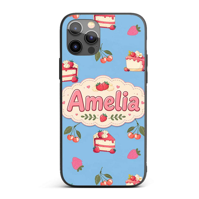 Cute Strawberry Cake Dessert Cherry Fruit Blue Custom Name Protective Phone Case Mobile Cover Durable Everyday Smartphone Shock Resistant