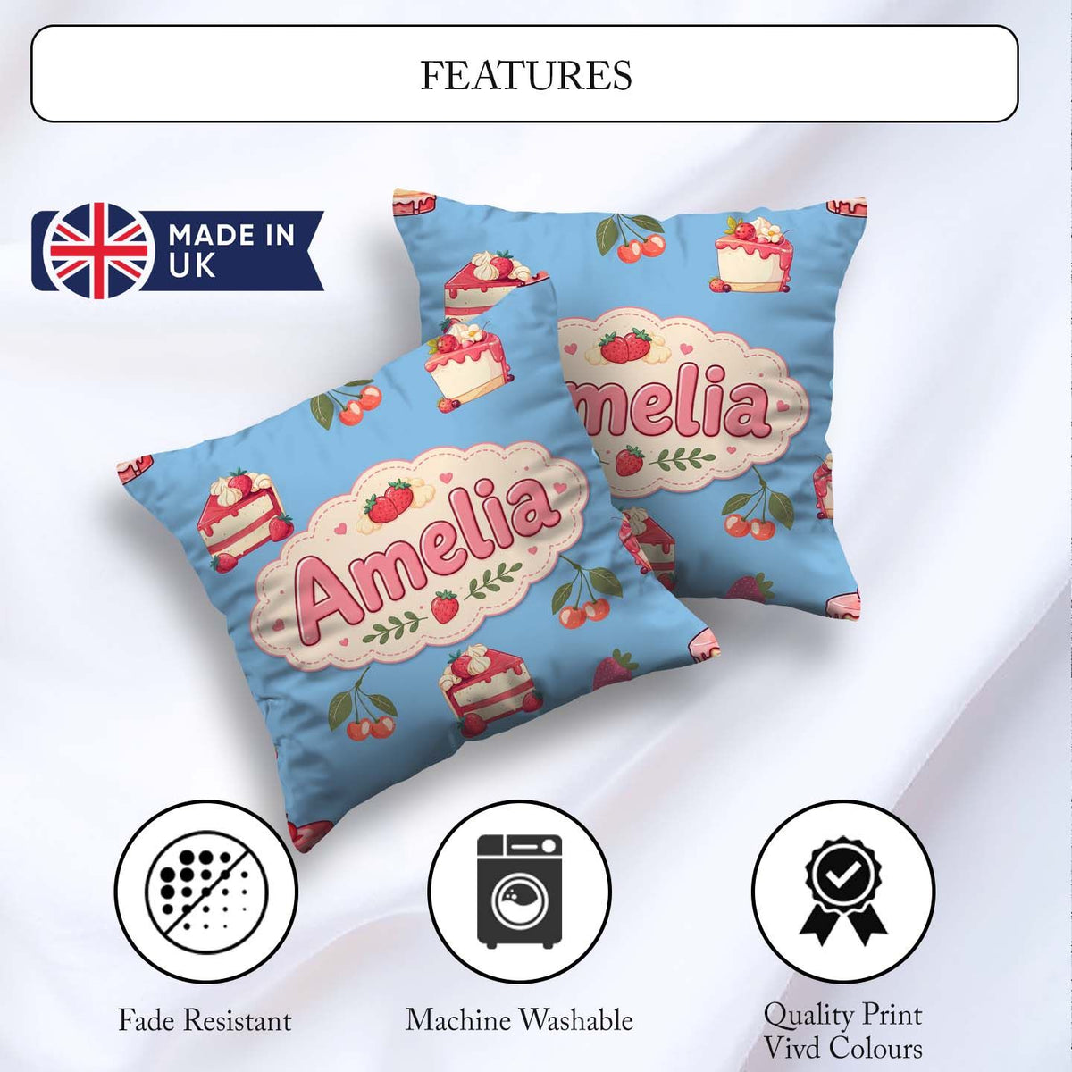 Custom Name Cute Strawberry Cake Dessert Cherry Fruit Blue Sky Square Filled Cushion Throw Pillow Sofa Bed Home Decor Zip Washable UK Made