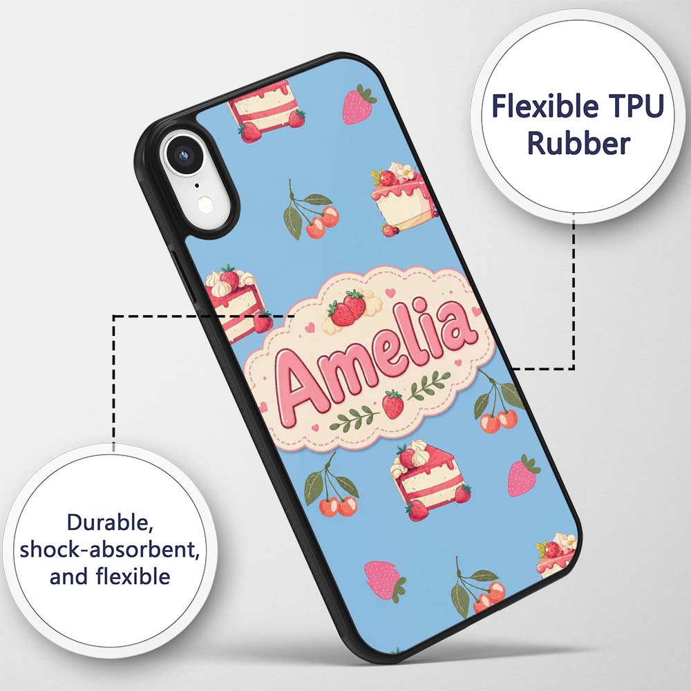 Cute Strawberry Cake Dessert Cherry Fruit Blue Custom Name Protective Phone Case Mobile Cover Durable Everyday Smartphone Shock Resistant