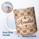Personalized Custom Name Rustic Geometric Floral Tile Brown Cream Vintage Seamless Pattern 11oz Ceramic Coffee Tea Mug White Large Handle
