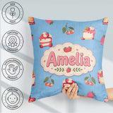 Custom Name Cute Strawberry Cake Dessert Cherry Fruit Blue Sky Square Filled Cushion Throw Pillow Sofa Bed Home Decor Zip Washable UK Made