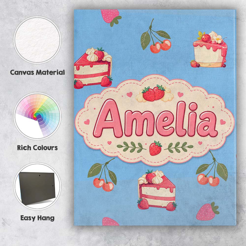 Personalised Name Cute Strawberry Cake Custom  Modern Room Accent Elegant Feature Canvas Wall Art Print Decor Picture Ready to Hang