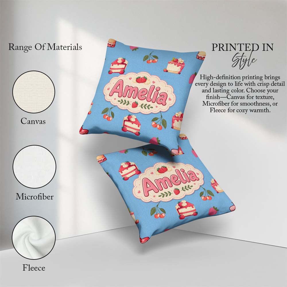 Custom Name Cute Strawberry Cake Dessert Cherry Fruit Blue Sky Square Filled Cushion Throw Pillow Sofa Bed Home Decor Zip Washable UK Made