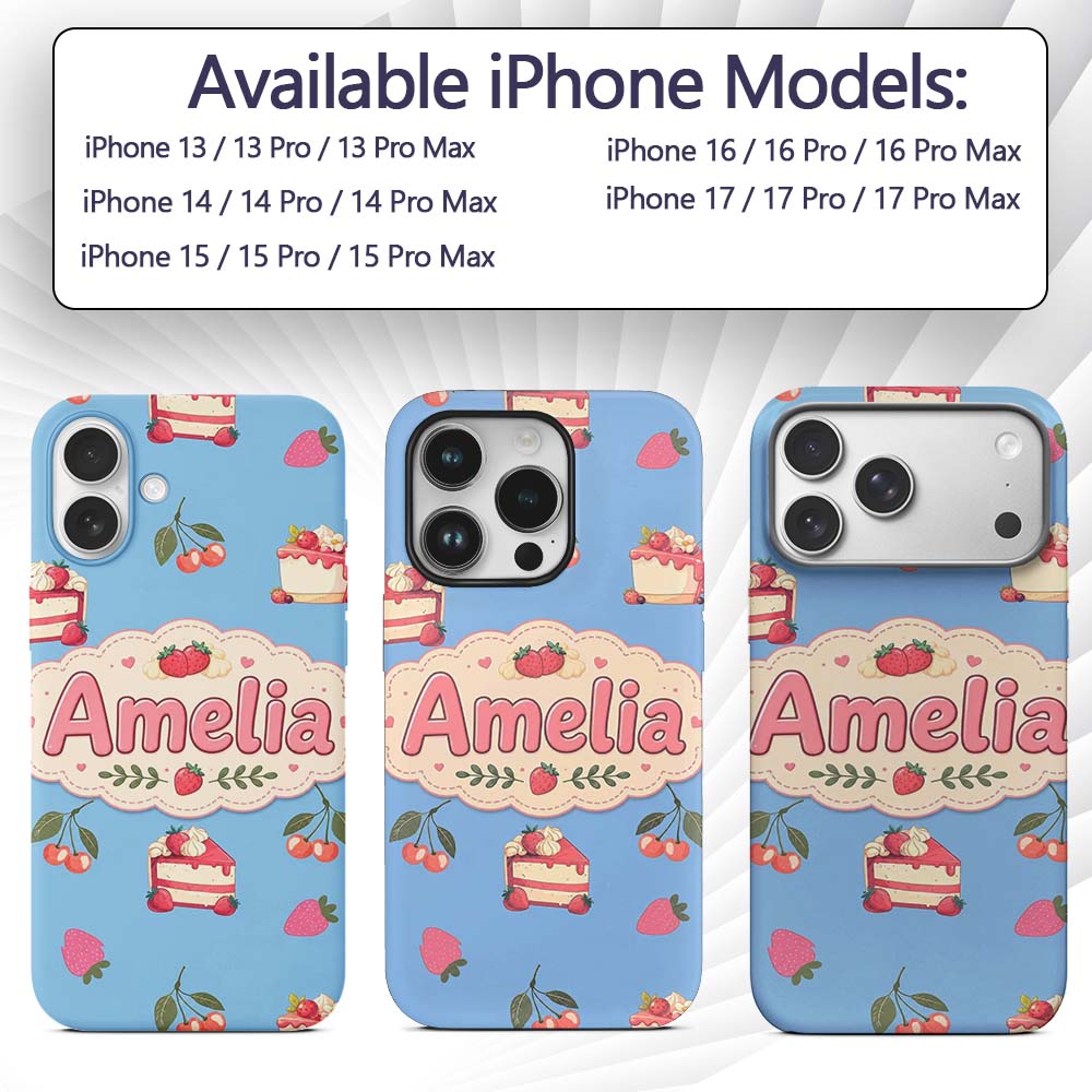 Cute Strawberry Cake Dessert Cherry Fruit Blue Custom Name Protective Phone Case Mobile Cover Durable Everyday Smartphone Shock Resistant