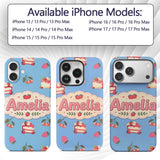 Cute Strawberry Cake Dessert Cherry Fruit Blue Custom Name Protective Phone Case Mobile Cover Durable Everyday Smartphone Shock Resistant