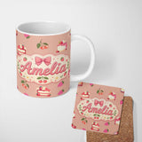 Personalized Custom Name Cute Strawberry Cake Cherry Dessert Seamless Pattern Peach 11oz Ceramic Coffee Tea Mug White Large Handle