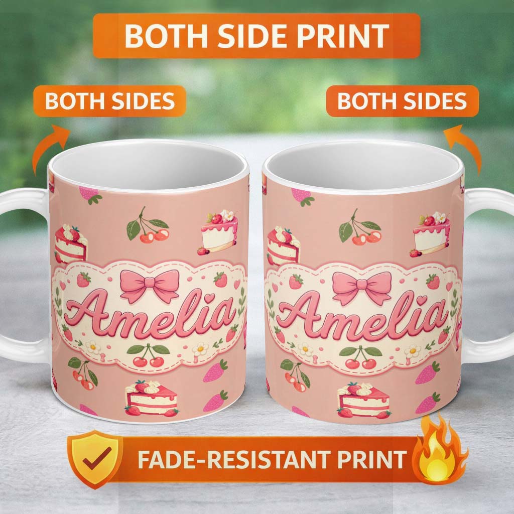 Personalized Custom Name Cute Strawberry Cake Cherry Dessert Seamless Pattern Peach 11oz Ceramic Coffee Tea Mug White Large Handle