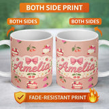 Personalized Custom Name Cute Strawberry Cake Cherry Dessert Seamless Pattern Peach 11oz Ceramic Coffee Tea Mug White Large Handle