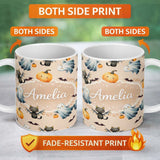 Personalized Custom Name Halloween Ghost Pumpkin Cat Seamless Pattern Warm Beige Cute Spooky 11oz Ceramic Coffee Tea Mug White Large Handle