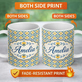 Personalized Custom Name Blue and Yellow Mediterranean Style Tile Pattern with Floral Motifs 11oz Ceramic Coffee Tea Mug White Large Handle