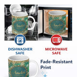 Personalized Custom Name Teal Gold Fleur Moon Glitter Elegant Seamless Pattern Lovely 11oz Ceramic Coffee Tea Mug White Large Handle