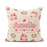 Custom Name Cute Strawberry Cake Cherry Dessert Seamless Pattern Square Filled Cushion Throw Pillow Sofa Bed Home Decor Zip Washable UK Made