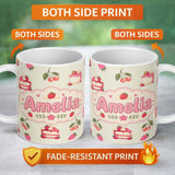 Personalized Custom Name Cute Strawberry Cake Cherry Dessert Seamless Pattern Neutral 11oz Ceramic Coffee Tea Mug White Large Handle