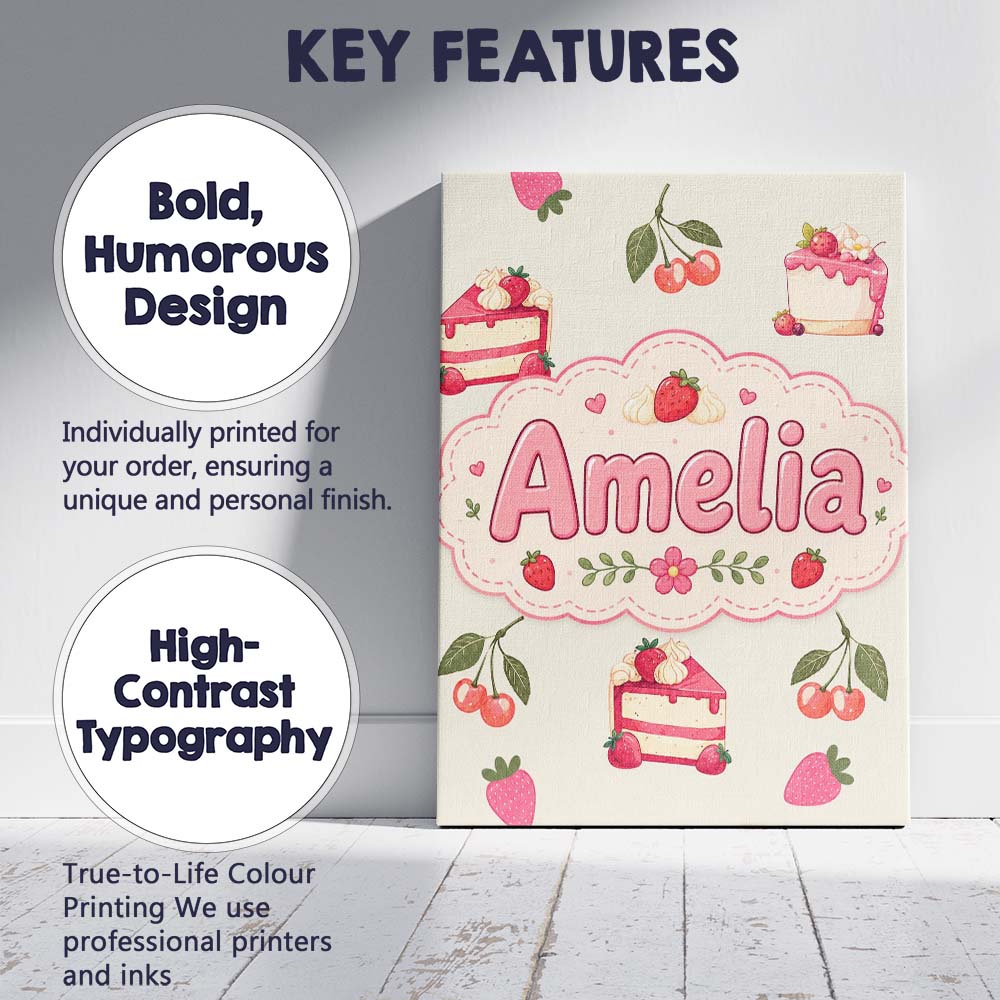 Personalised Name Cute Strawberry Cake Custom  Modern Room Accent Elegant Feature Canvas Wall Art Print Decor Picture Ready to Hang