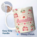 Personalized Custom Name Cute Strawberry Cake Cherry Dessert Seamless Pattern Neutral 11oz Ceramic Coffee Tea Mug White Large Handle