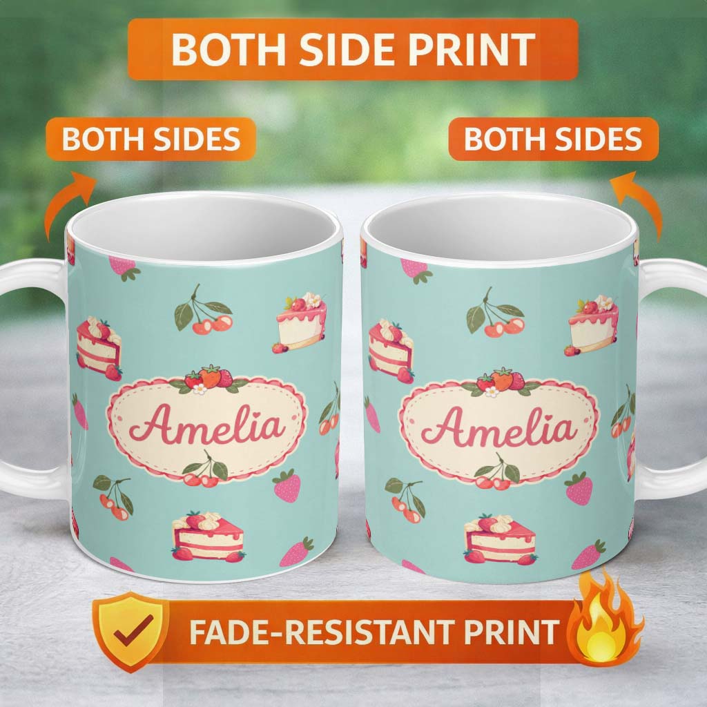 Personalized Custom Name Cute Strawberry Cake Cherry Dessert Seamless Pattern Mint 11oz Ceramic Coffee Tea Mug White Large Handle