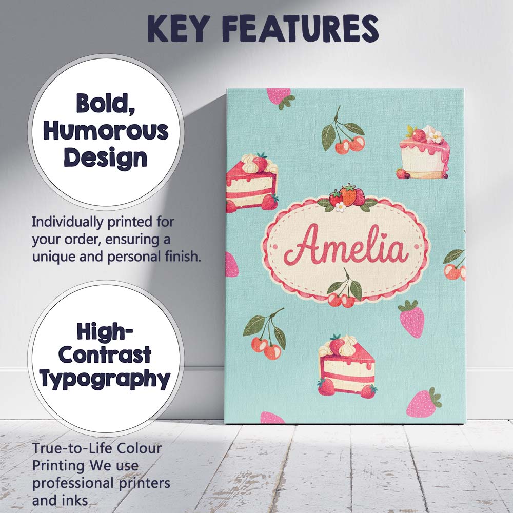 Personalised Name Cute Strawberry Cake Custom  Modern Room Accent Elegant Feature Canvas Wall Art Print Decor Picture Ready to Hang