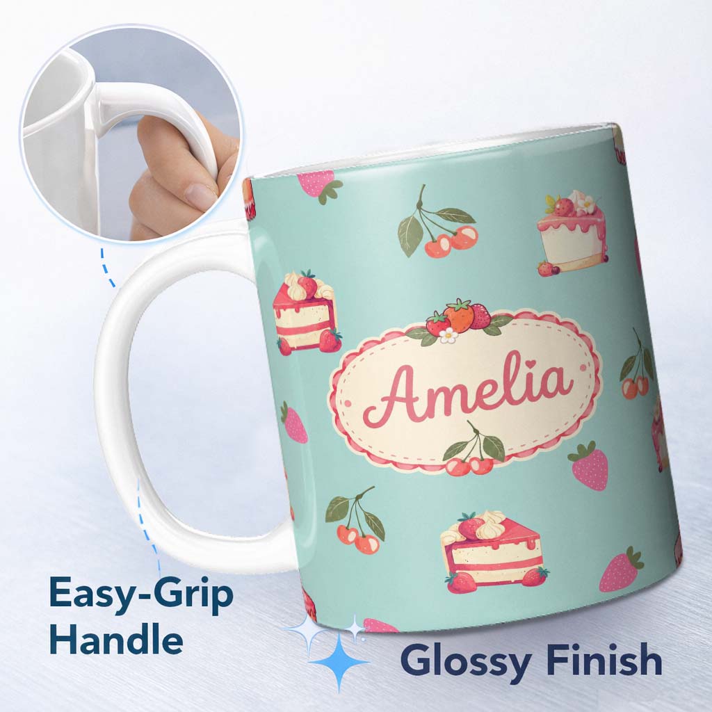 Personalized Custom Name Cute Strawberry Cake Cherry Dessert Seamless Pattern Mint 11oz Ceramic Coffee Tea Mug White Large Handle