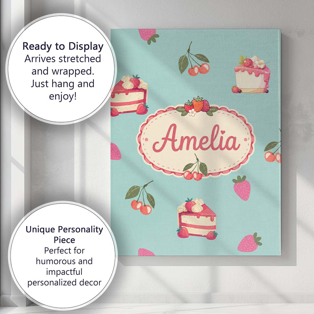Personalised Name Cute Strawberry Cake Custom  Modern Room Accent Elegant Feature Canvas Wall Art Print Decor Picture Ready to Hang