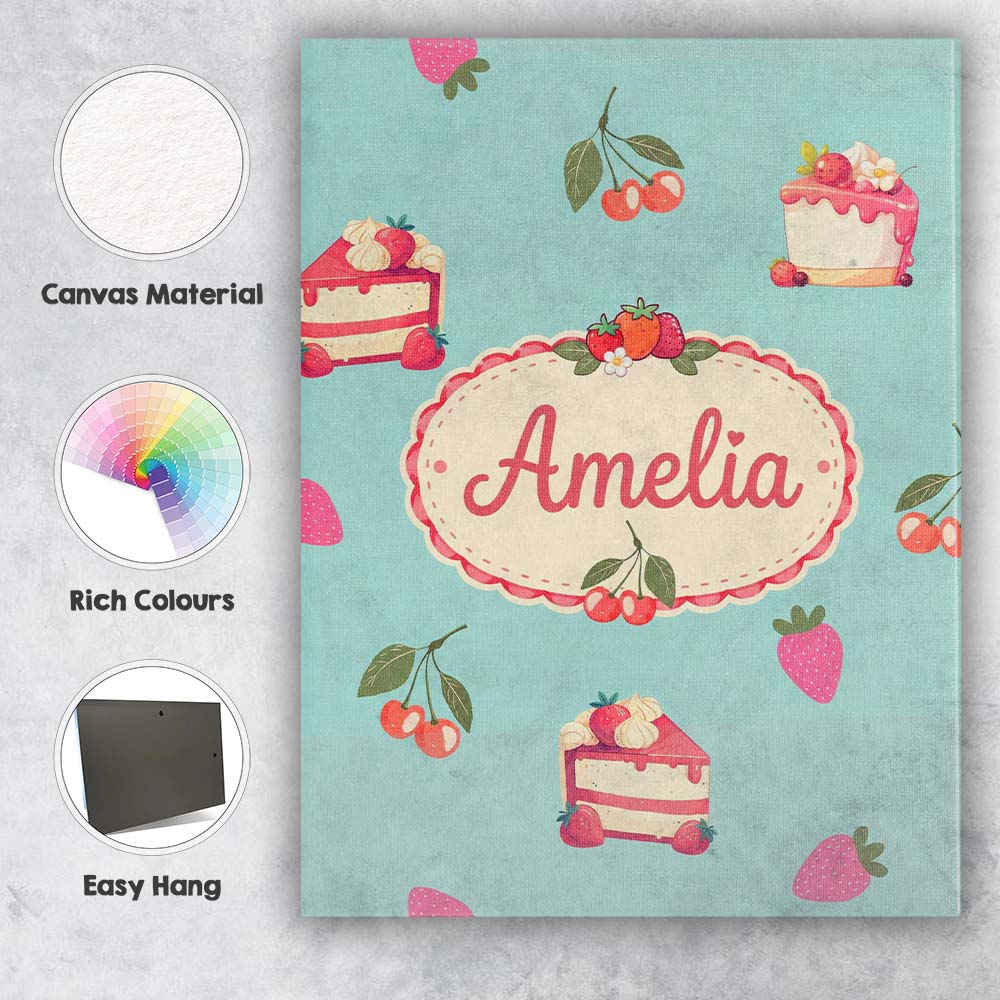 Personalised Name Cute Strawberry Cake Custom  Modern Room Accent Elegant Feature Canvas Wall Art Print Decor Picture Ready to Hang