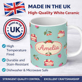 Personalized Custom Name Cute Strawberry Cake Cherry Dessert Seamless Pattern Mint 11oz Ceramic Coffee Tea Mug White Large Handle