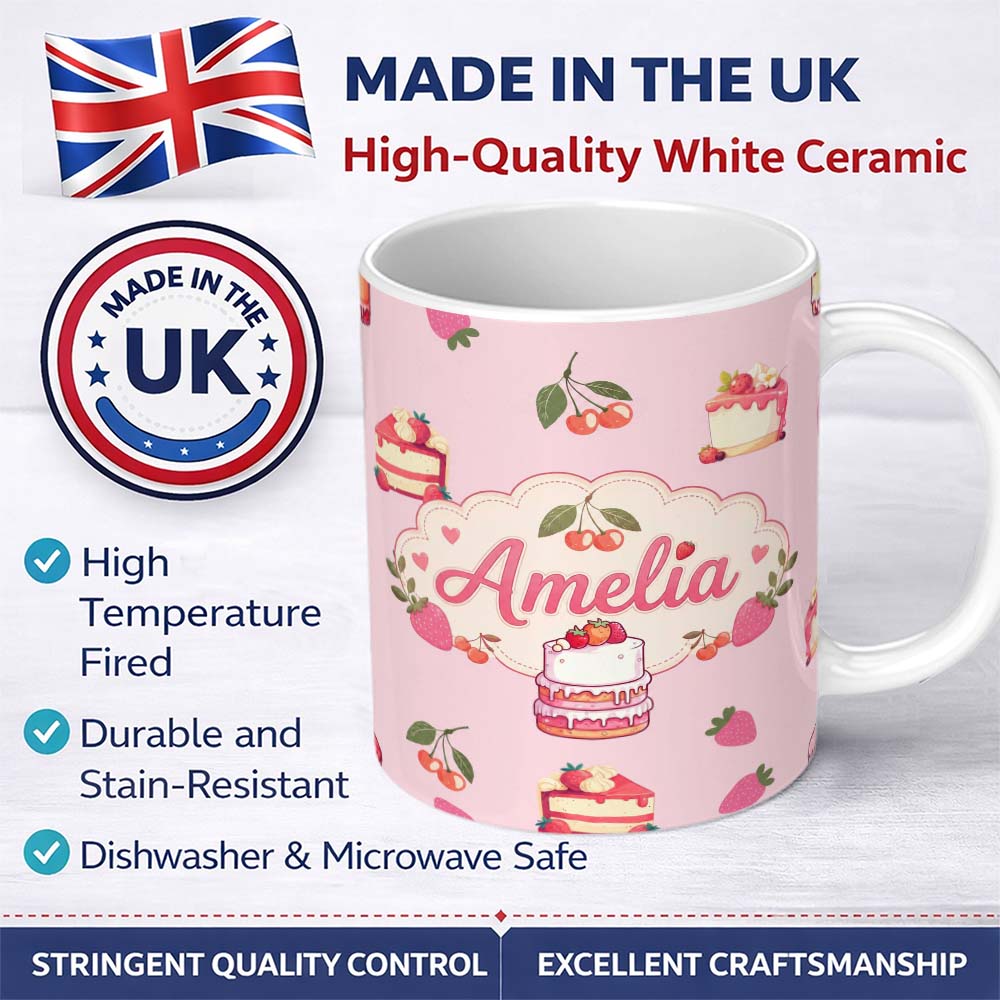 Personalized Custom Name Cute Strawberry Cake Cherry Dessert Seamless Pattern Soft Pink 11oz Ceramic Coffee Tea Mug White Large Handle