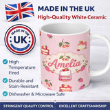 Personalized Custom Name Cute Strawberry Cake Cherry Dessert Seamless Pattern Soft Pink 11oz Ceramic Coffee Tea Mug White Large Handle